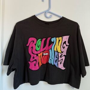 Bershka Black Short Sleeve Crop Graphic Tees "Rolling Stones"
